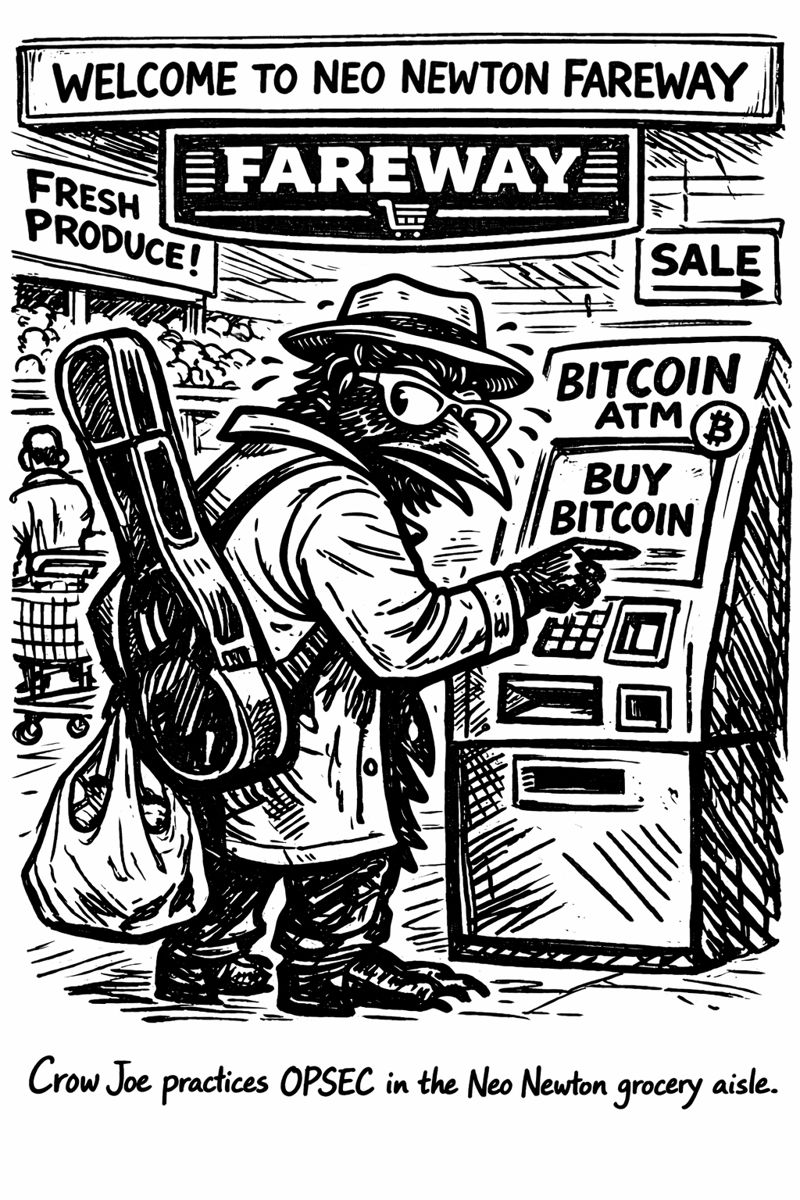 crow joe in the age of ai comic - crow joe the blues playing crow is at the bitcoin atm in the neo newton, ia fareway grocery store.  he is nervously looking around while he buys his bitcoin.  the caption reads 'crow joe practices opsec in the neo newton grocery aisle' opsec means operational security.  the joke is the grocery store is one of the least private places in small town iowa